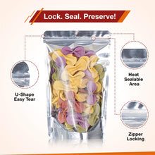 Load image into Gallery viewer, BELLE KR® 5x8 Mylar Bags with Window Stand Up - Pack Of 100, 7.5mil Thick - Clear Front Pint Mylar Bags for Food Storage and Freeze Dried Candy - Bonus Labels Included