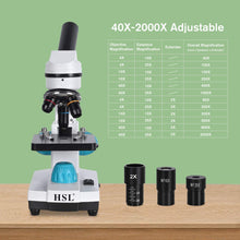 Load image into Gallery viewer, HSL 40X-2000X Microscope for Kids, Monocular Microscope Students Set +Handbag+Phone Holder+ Beginner Biological LAD Kit for Science Educational Boys Girls Toys LED BTS
