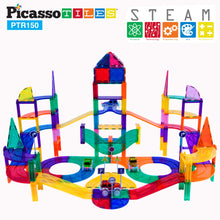 Load image into Gallery viewer, PicassoTiles 150 Piece Race Car Track Building Block Educational Toy Set Magnet Tile Magnetic Blocks Playset 4 Cars Early STEM Learning Construction Kit Hand-Eye Fine Motor Skill Brain Training PTR150 BTS