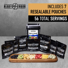 Load image into Gallery viewer, Ready Hour, Fruit & Veggie Mix, Non-Perishable Freeze-Dried Food, 30-Year Shelf Life, Portable Emergency and Adventure Food Supply, Durable Flood Safe Container, 56 Servings