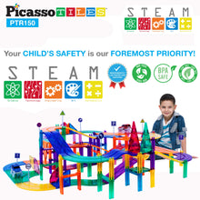 Load image into Gallery viewer, PicassoTiles 150 Piece Race Car Track Building Block Educational Toy Set Magnet Tile Magnetic Blocks Playset 4 Cars Early STEM Learning Construction Kit Hand-Eye Fine Motor Skill Brain Training PTR150 BTS
