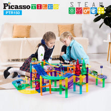 Load image into Gallery viewer, PicassoTiles 150 Piece Race Car Track Building Block Educational Toy Set Magnet Tile Magnetic Blocks Playset 4 Cars Early STEM Learning Construction Kit Hand-Eye Fine Motor Skill Brain Training PTR150 BTS