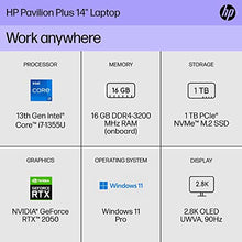 Load image into Gallery viewer, HP Pavilion Plus 14 inch Laptop, 2.8K OLED Display, 13th Generation Intel Core i7-1355U, 16 GB RAM, 1 TB SSD, NVIDIA GeForce RTX 2050 Graphics, Windows 11 Pro, 14-eh1299nr (2023)