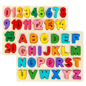 Attmu Wooden Puzzles for Toddlers, Alphabet Puzzle and Number Puzzle, 2 in 1 Preschool Educational Learning Toys with Chunky Wood ABC Puzzle Board, for Girls Boys Kindergarten Set of 2 Puz