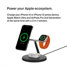 Load image into Gallery viewer, Belkin MagSafe 3-in-1 Wireless Charging Stand - 2ND GEN w/ 33% Faster Wireless Charging for Apple Watch - iPhone 14, 13 & 12 series & AirPods - MagSafe Charging Station For Multiple Devices - Black BTC
