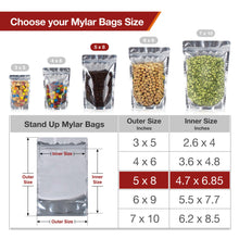 Load image into Gallery viewer, BELLE KR® 5x8 Mylar Bags with Window Stand Up - Pack Of 100, 7.5mil Thick - Clear Front Pint Mylar Bags for Food Storage and Freeze Dried Candy - Bonus Labels Included
