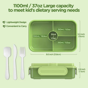 Jelife Bento Box Kids Lunch Box - Large Bento-Style Leakproof with 4 Compartments Food Storage Container with Tableware for Kids Back to School, Reusable On-the-Go Meal and Snack Packing, Green BTS