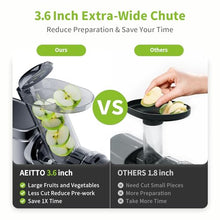 Load image into Gallery viewer, Aeitto Cold Press Juicer Machines, 3.6 Inch Wide Chute, Large Capacity, High Juice Yield, 2 Masticating Juicer Modes, Easy to Clean Slow Juicer for Vegetable and Fruit (Sliver) JUC
