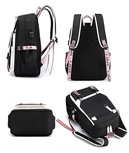 JiaYou Teenage Girls' Backpack Middle School Students Bookbag Outdoor Daypack with USB Charge Port (21 Liters, Black Pink) BTS