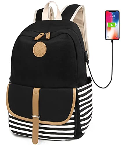SCIONE Backpacks for Women Teen Girls,Large Capacity Book Bag with USB Charger Port,Cute Lightweight Canvas Bookpack -Durable Black Stripe Backpack,Travel Laptop Backpack,Back to School Gift for Girls BTS
