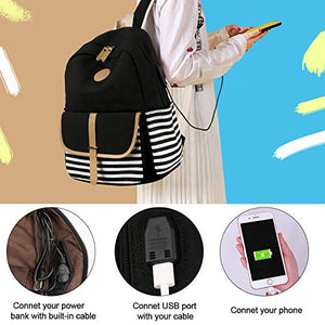 SCIONE Backpacks for Women Teen Girls,Large Capacity Book Bag with USB Charger Port,Cute Lightweight Canvas Bookpack -Durable Black Stripe Backpack,Travel Laptop Backpack,Back to School Gift for Girls BTS