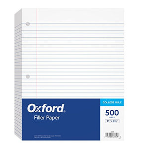 Oxford Filler Paper, 8-1/2" x 11", College Rule, 3-Hole Punched, Loose-Leaf Paper for 3-Ring Binders, 500 Sheets Per Pack (62349),White BTS