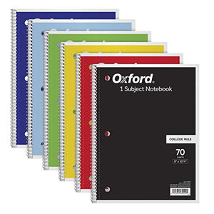 Oxford Spiral Notebook 6 Pack, 1 Subject, College Ruled Paper, 8 x 10-1/2 Inch, Color Assortment Design May Vary (65007) BTC