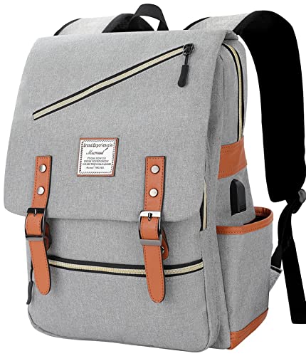 Mecrowd Vintage Laptop Backpack with USB Charging Port, Backpack for College Fits up to 15.6 Inch Laptop Computer Backpack Casual Rucksack for Men Women (Gray)BTC