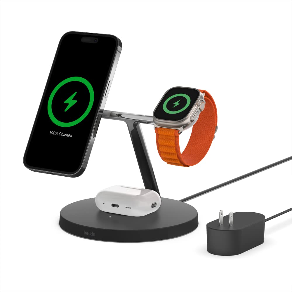 Belkin MagSafe 3-in-1 Wireless Charging Stand - 2ND GEN w/ 33% Faster Wireless Charging for Apple Watch - iPhone 14, 13 & 12 series & AirPods - MagSafe Charging Station For Multiple Devices - Black BTC