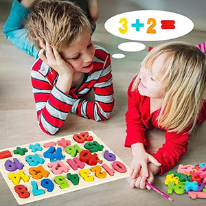 Attmu Wooden Puzzles for Toddlers, Alphabet Puzzle and Number Puzzle, 2 in 1 Preschool Educational Learning Toys with Chunky Wood ABC Puzzle Board, for Girls Boys Kindergarten Set of 2 Puz