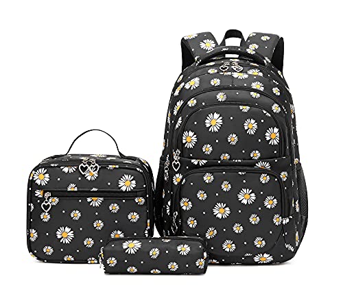 Daisy-Print School Backpack Set with Lunch Kits Bookbag for Teenager Girls 3pcs Gradient SchoolBag for Primary Student BTS