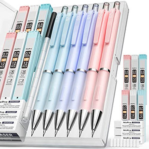 Nicpro 6 PCS Pastel Mechanical Pencil 0.5 & 0.7 mm for School, with 12 tubes HB Lead Refills, 3 Erasers, 9 Eraser Refills For Student Writing,Drawing,Sketching, Blue & Pink & Violet Colors - With Case BTC