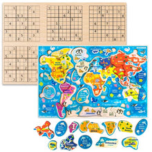 Load image into Gallery viewer, Wooden Puzzles for Kids Ages 3-5 by QUOKKA – 3 Educational Wood Toys for Kids 4-8 Year Old – Learning United States Game for 6-8-10 yo – Gift World, Space and USA Maps for Boys and Girls Puz
